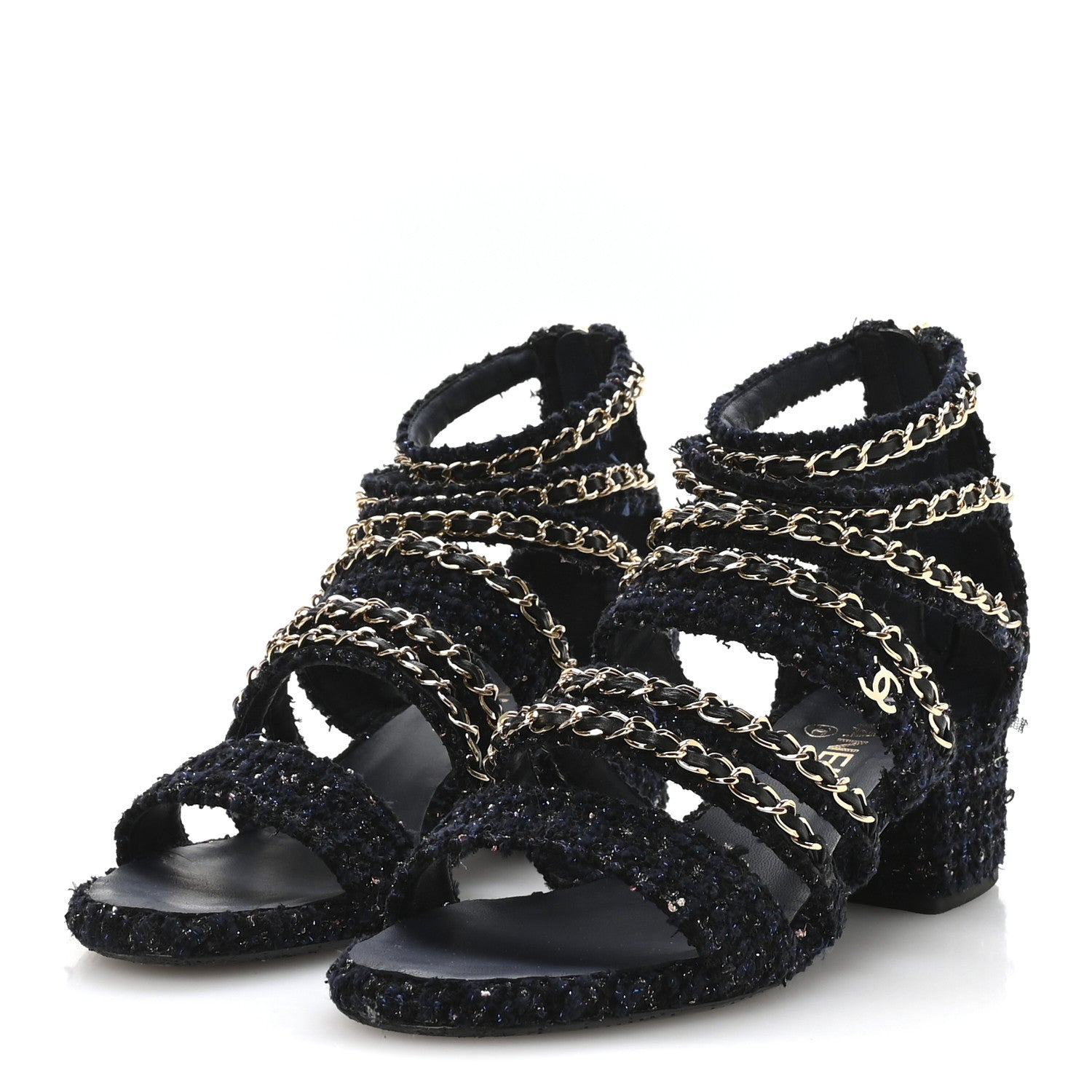 Chanel Metallic Tweed Gladiator Chain Sandals 39 Navy Bronze 7 of 20