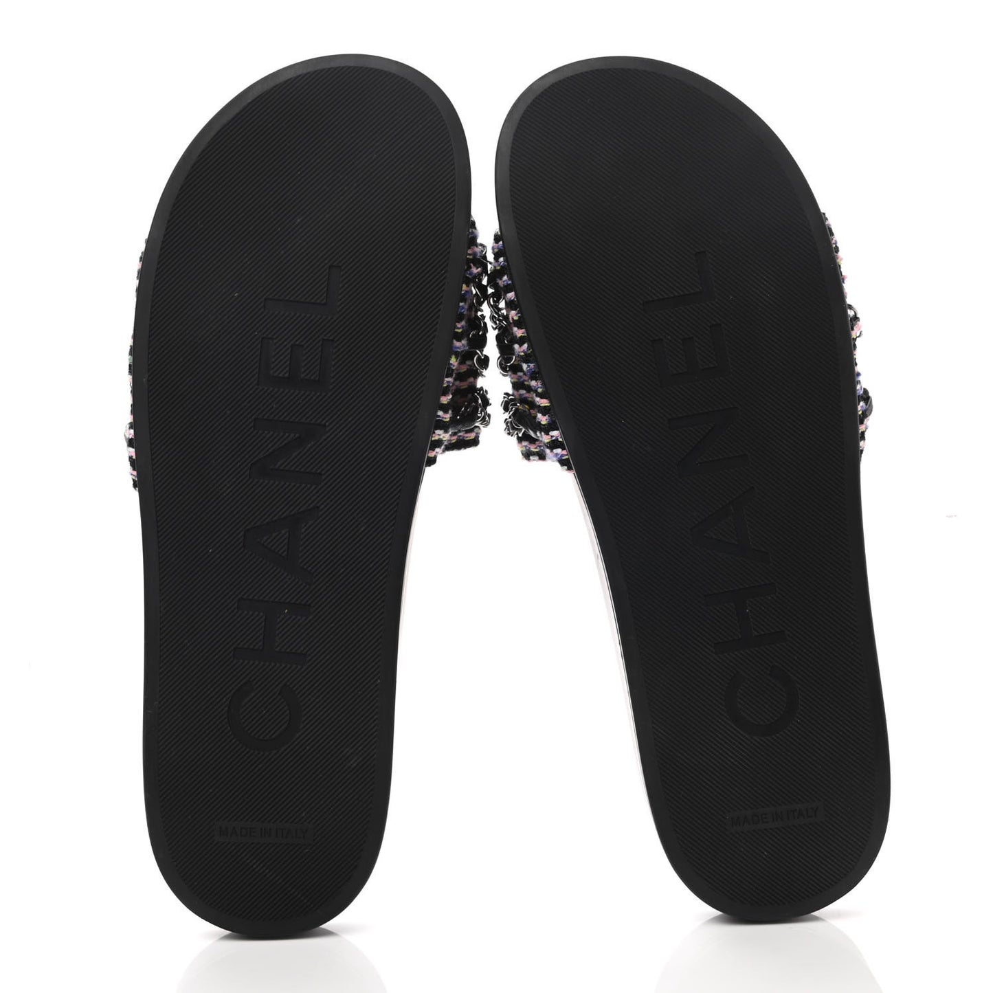 Tweed Lambskin Chain Flat Sandals 41 Black Multicolor