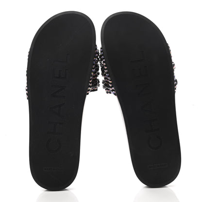 Chanel Tweed Lambskin Chain Flat Sandals 41 Black Multicolor 5 of 8