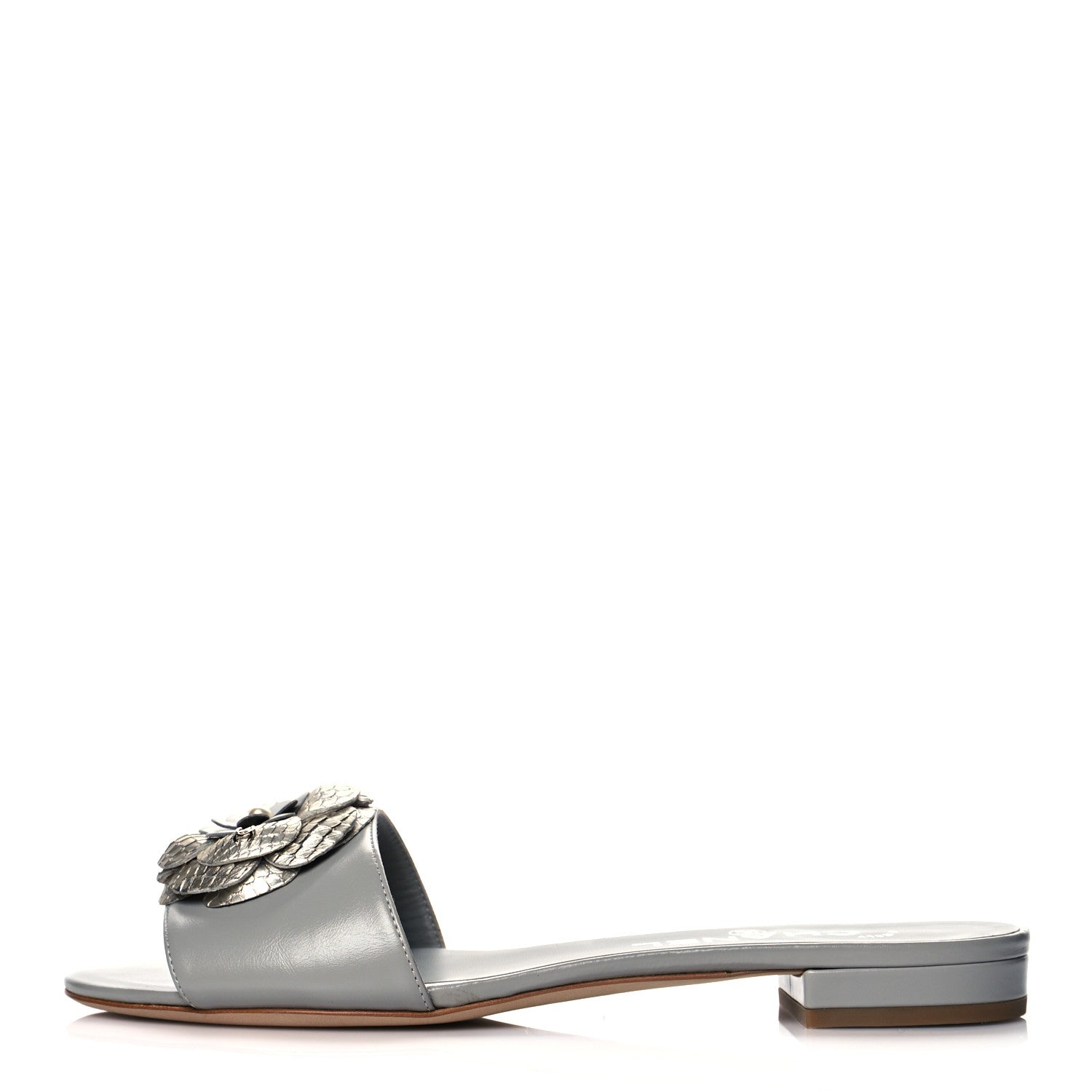 Chanel Metallic Lambskin Camellia Pearl Slides 37 Grey Silver 1 of 10
