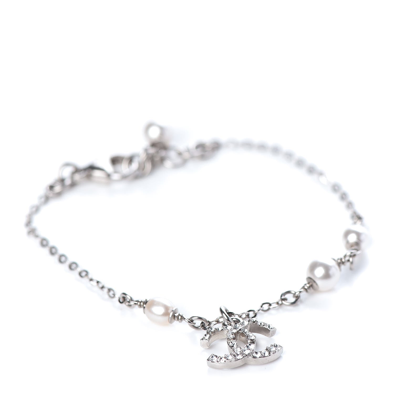 Chanel Pearl Crystal CC Bracelet Silver Pearly White 1 of 4