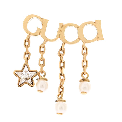 Gucci Metal Crystal Pearl Script Drop Single Earring Gold 1 of 4