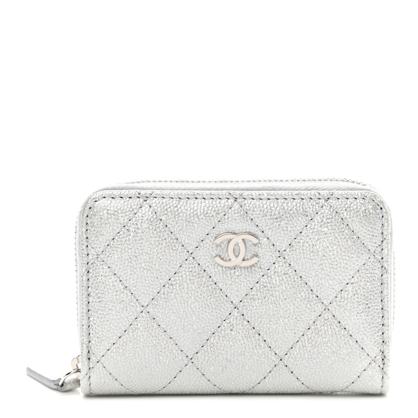 Glittered Metallic Caviar Quilted Zip Coin Purse Wallet Silver
