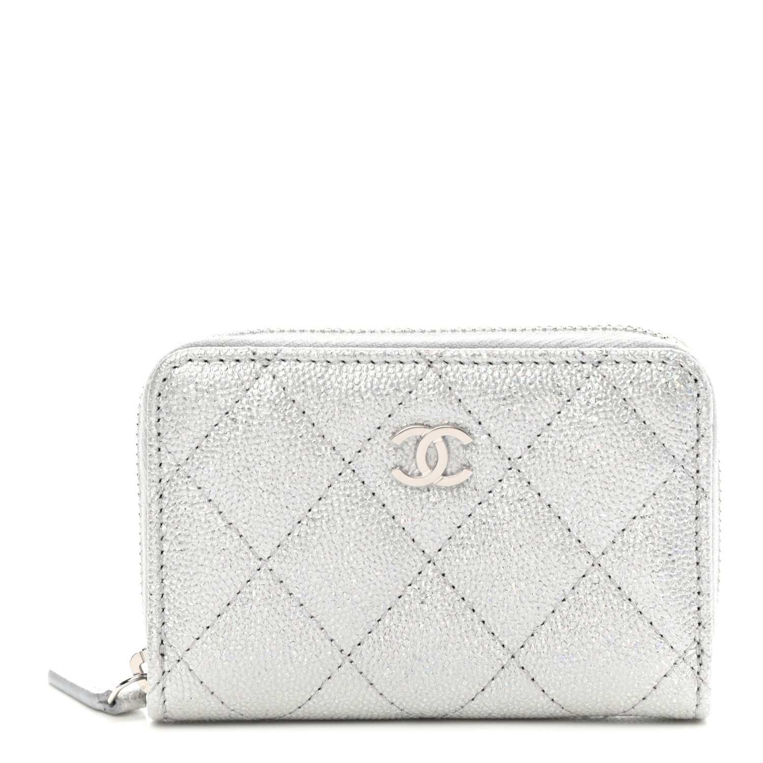 Chanel Glittered Metallic Caviar Quilted Zip Coin Purse Wallet Silver 1 of 7