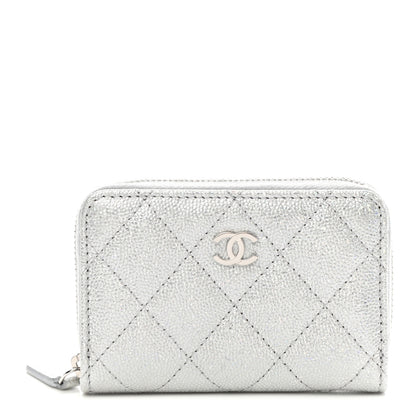 Chanel Glittered Metallic Caviar Quilted Zip Coin Purse Wallet Silver 1 of 7