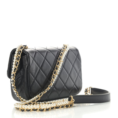 Chanel Calfskin Quilted Mini Rectangular Crystal Pearls Chain Flap Black 2 of 4