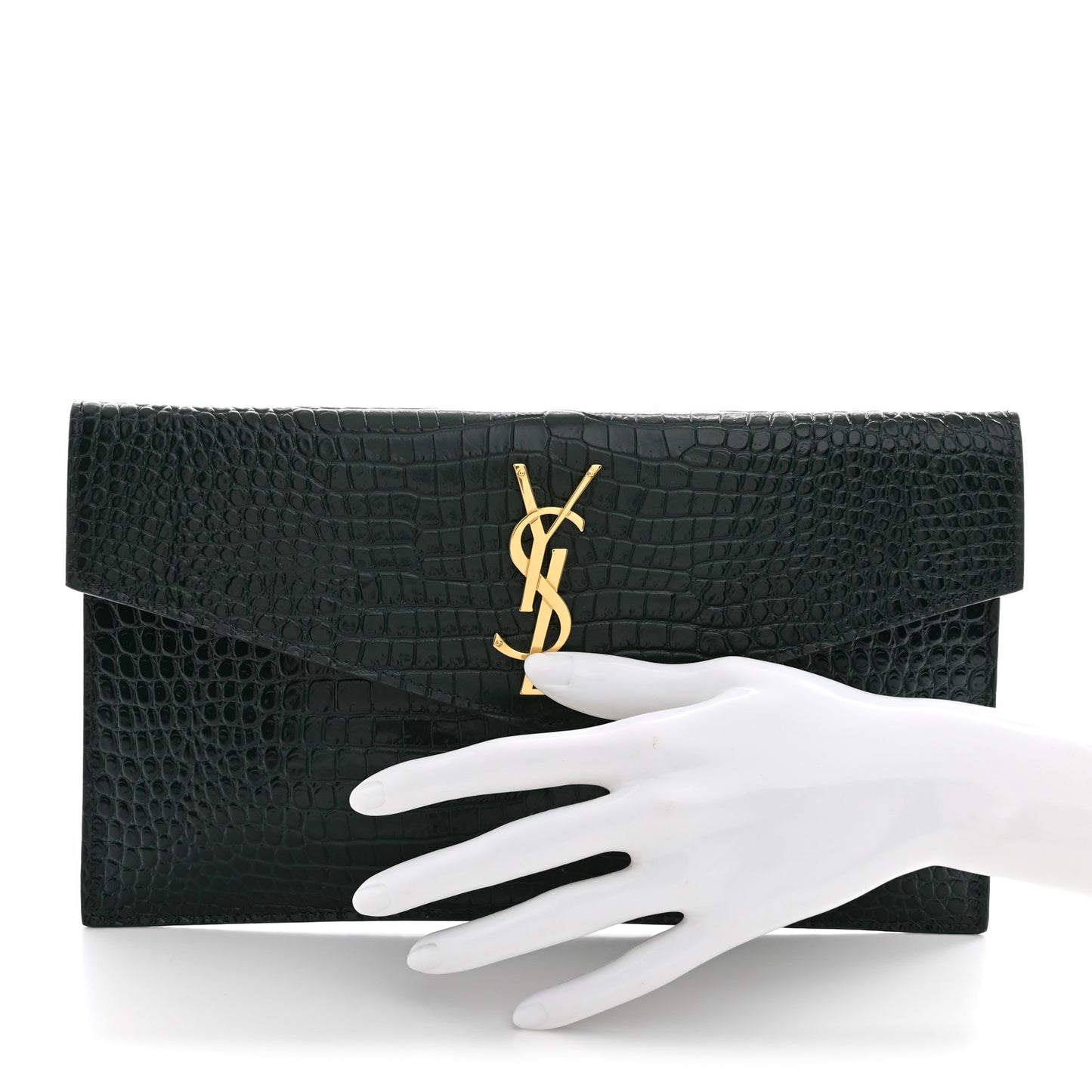 Calfskin Crocodile Embossed Uptown Monogram Clutch Dark Green