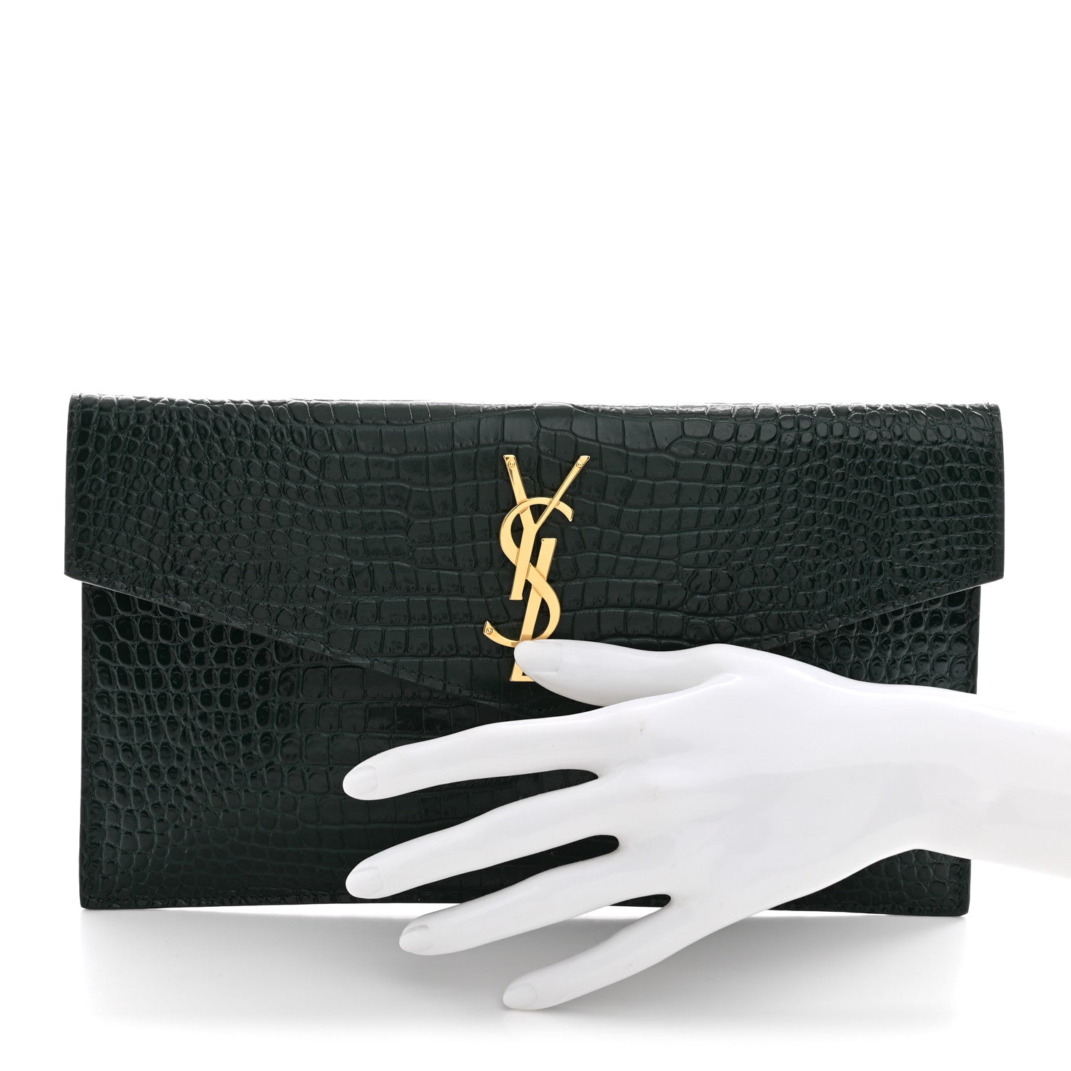 Saint Laurent Calfskin Crocodile Embossed Uptown Monogram Clutch Dark Green 2 of 7