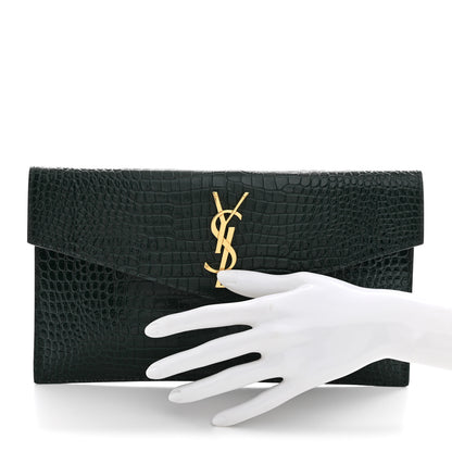 Saint Laurent Calfskin Crocodile Embossed Uptown Monogram Clutch Dark Green 2 of 7