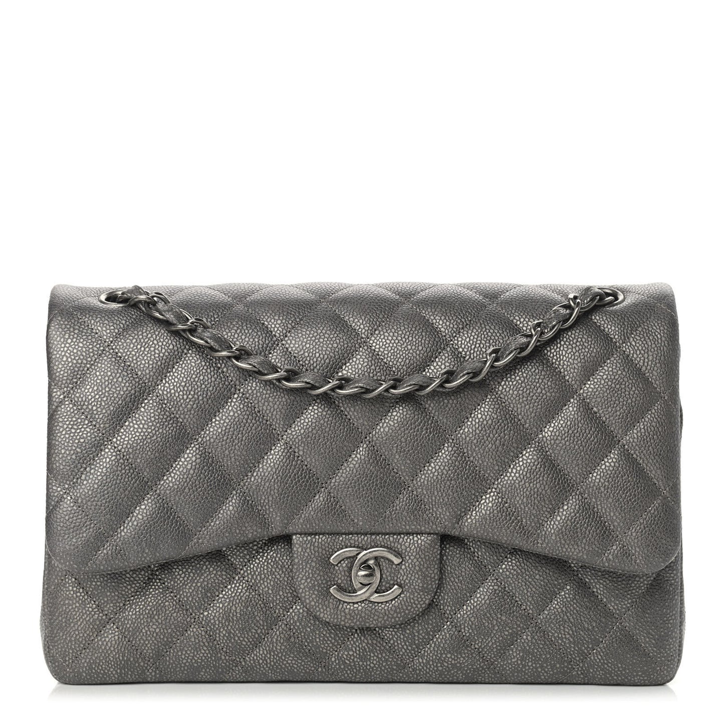 Iridescent Caviar Quilted Jumbo Double Flap Dark Silver