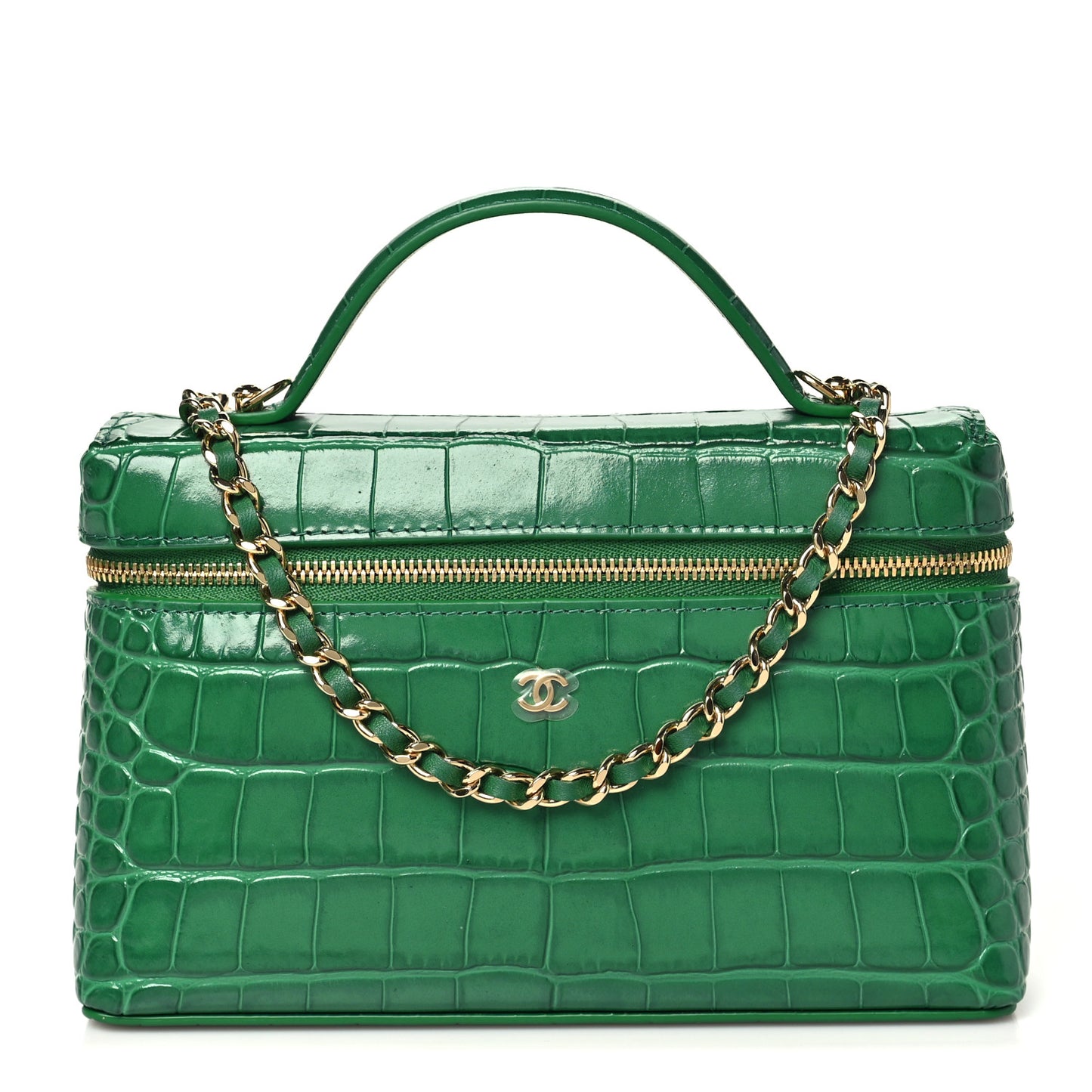 Calfskin Crocodile Embossed Crococo Top Handle Slim Vanity Case With Chain Emerald