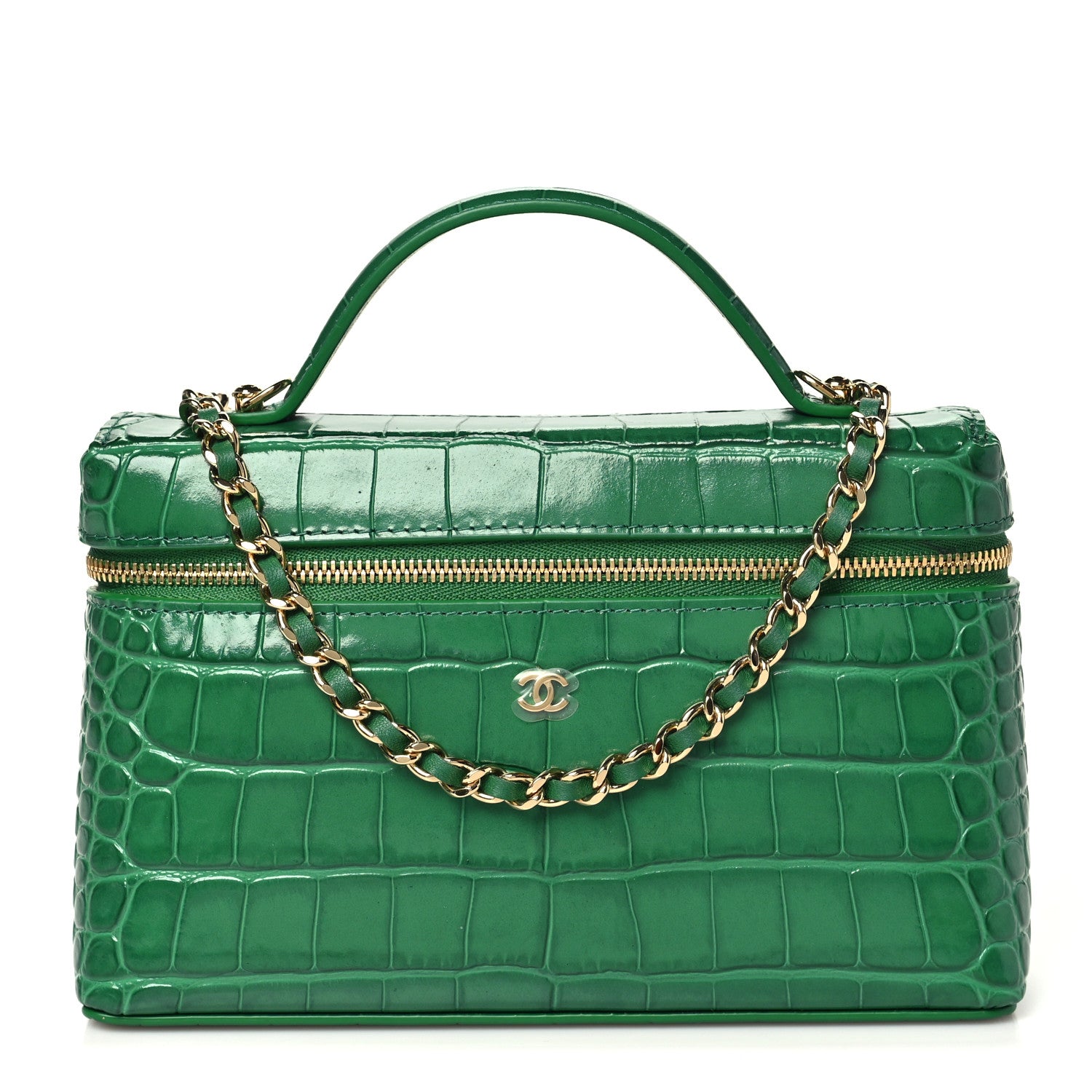 Chanel Calfskin Crocodile Embossed Crococo Top Handle Slim Vanity Case With Chain Emerald 1 of 11