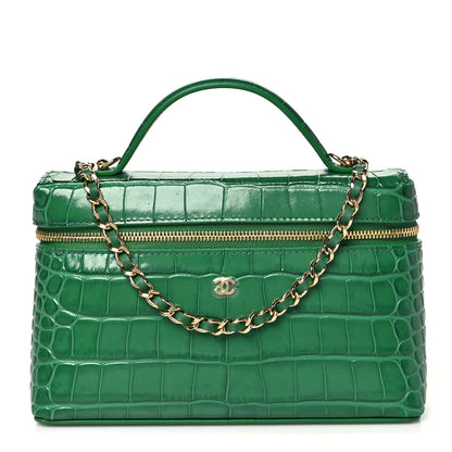Chanel Calfskin Crocodile Embossed Crococo Top Handle Slim Vanity Case With Chain Emerald 1 of 11