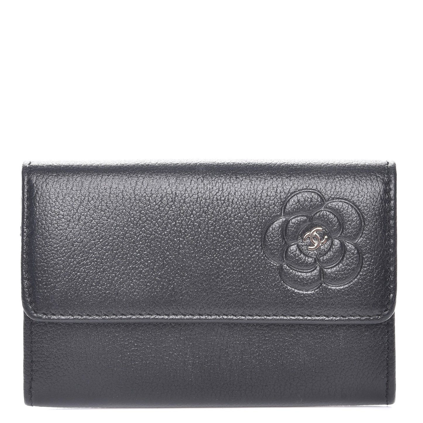 Goatskin Embossed Camellia Flap Card Holder Black