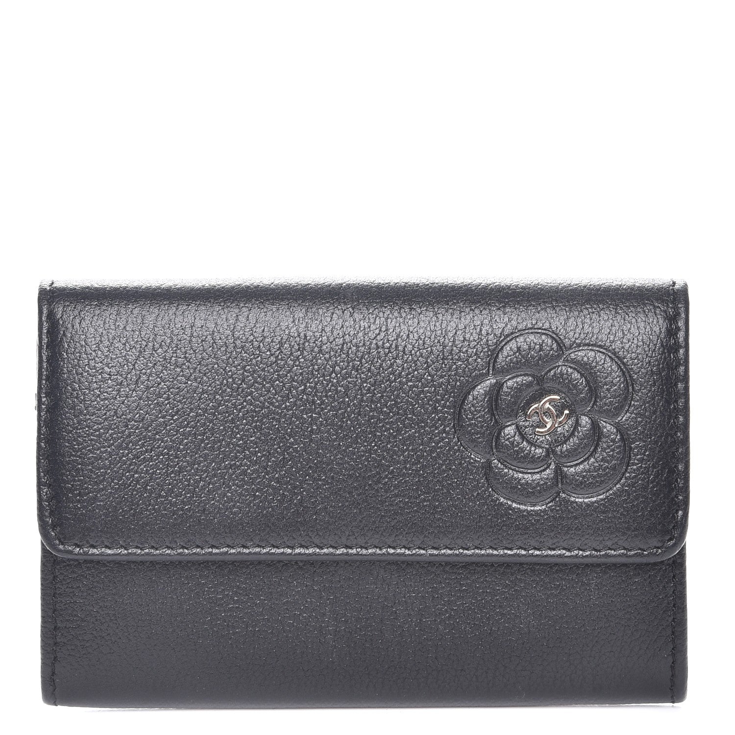 Chanel Goatskin Embossed Camellia Flap Card Holder Black 1 of 9