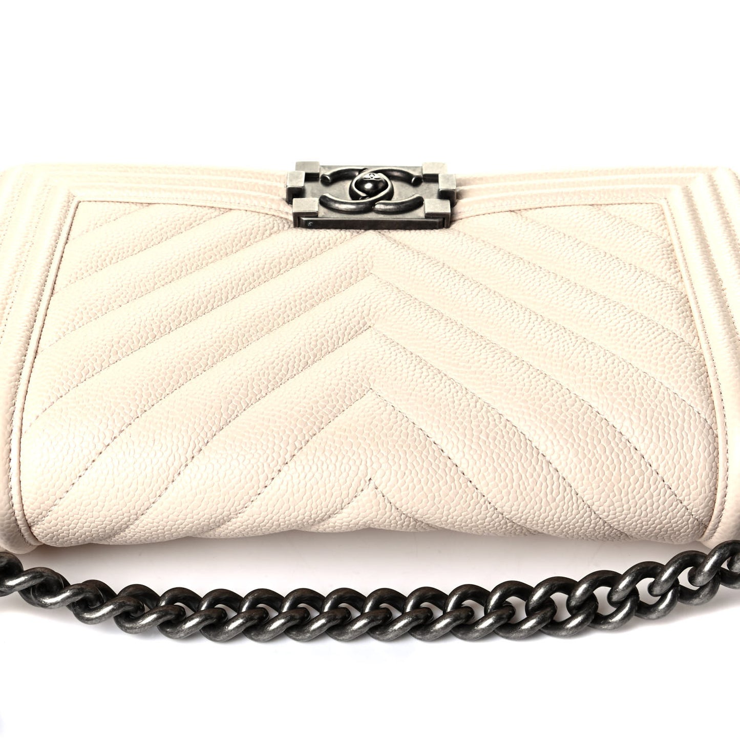 Caviar Chevron Quilted Medium Boy Flap Light Beige