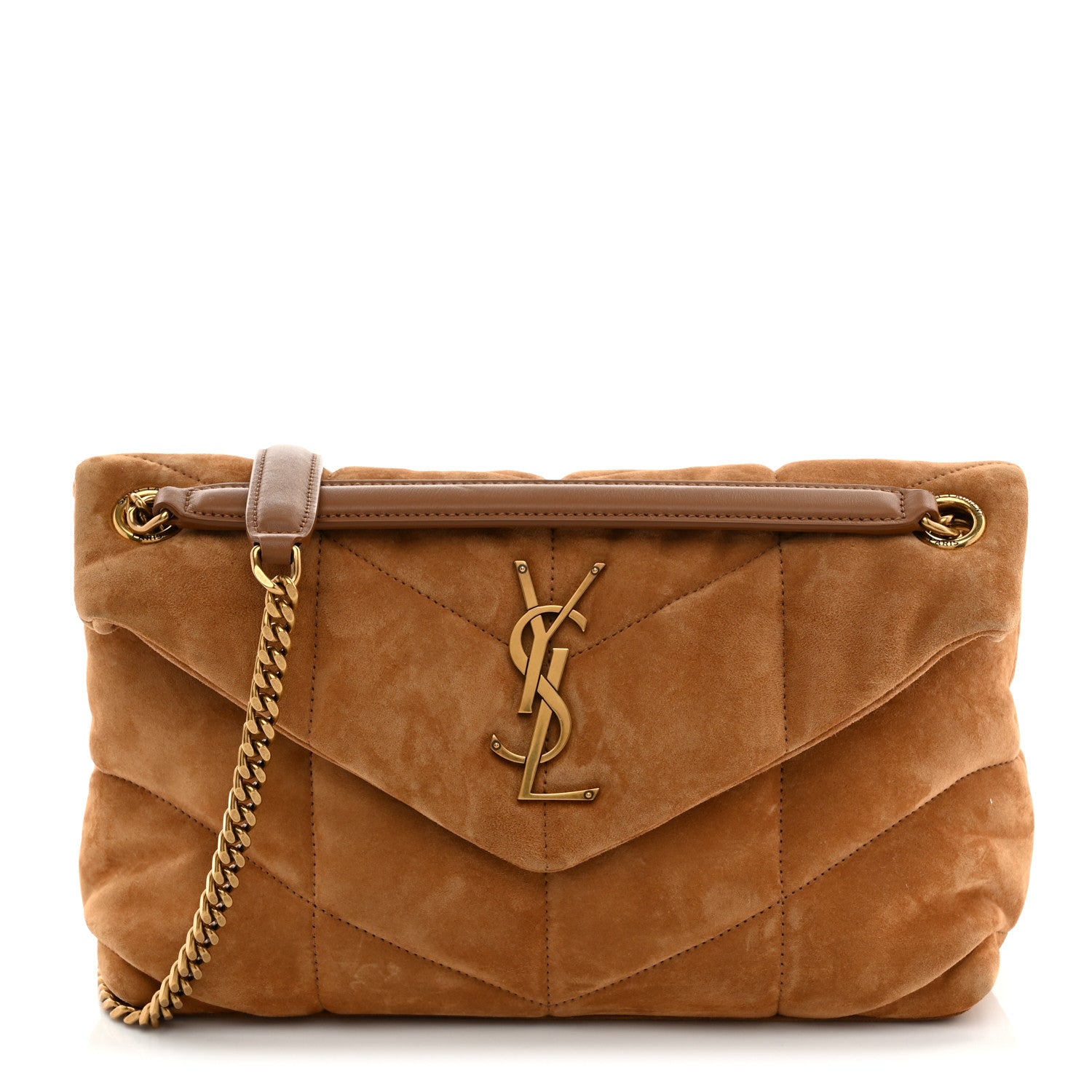Saint Laurent Suede Calfskin Quilted Small Loulou Puffer Monogram Chain Satchel Cinnamon 1 of 10