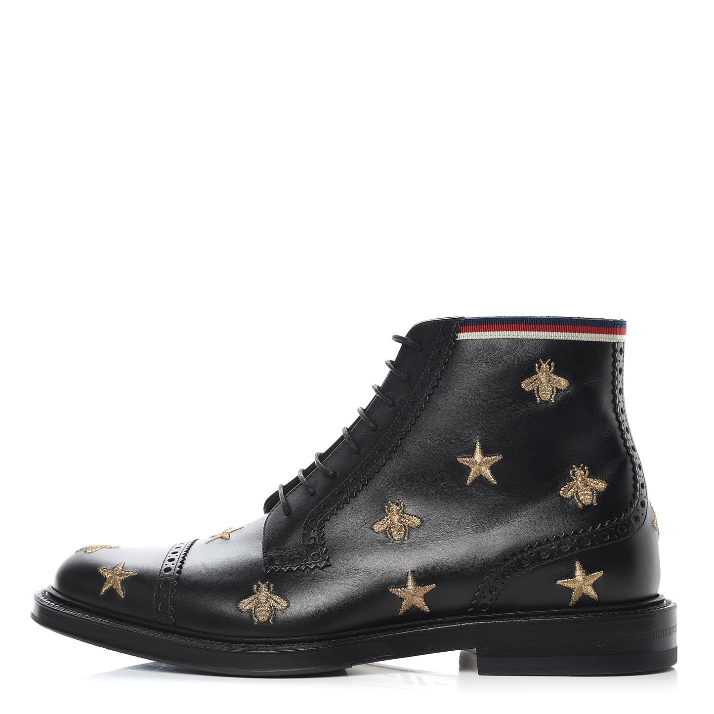 Calfskin Sylvie Web Bee Star Embroidered Mens Brogue Captoe Boots 7 Black