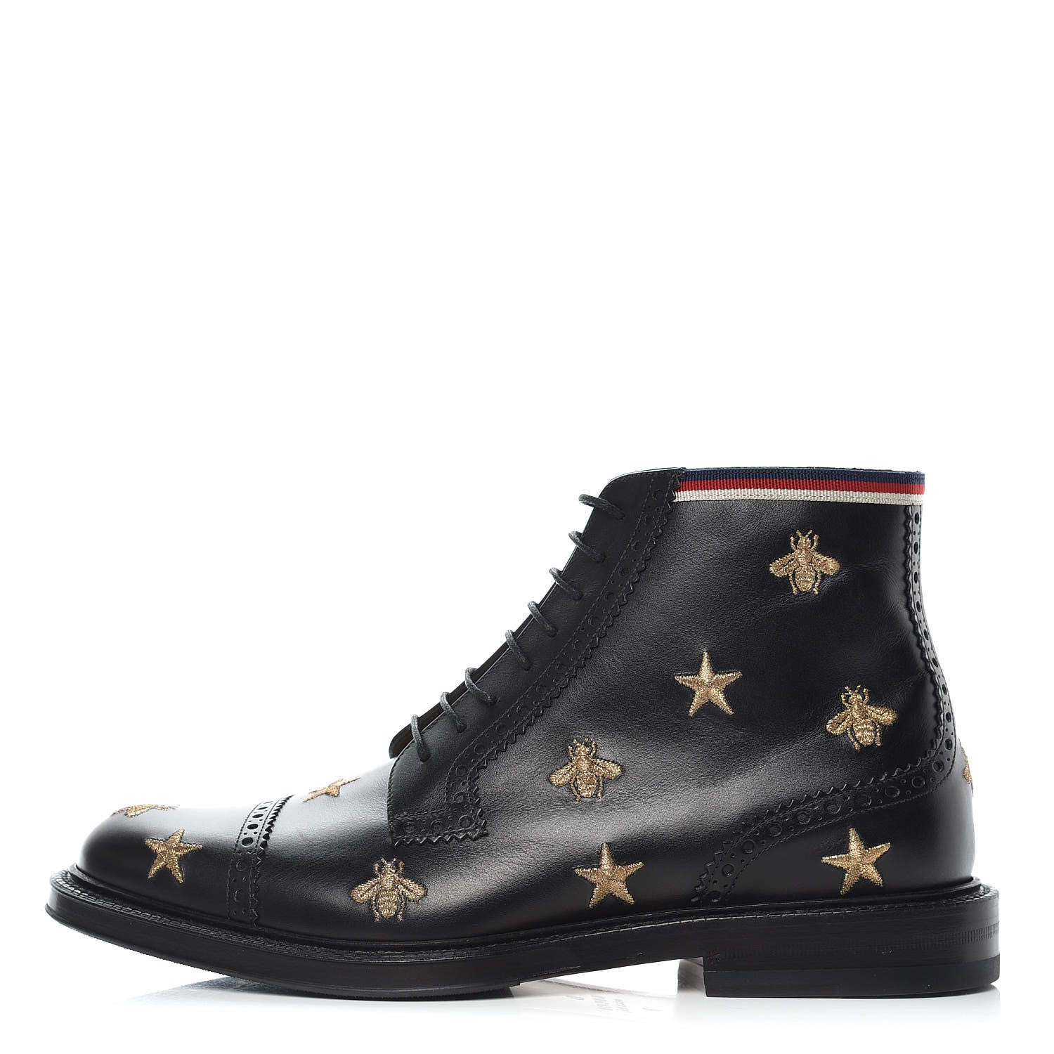 Gucci Calfskin Sylvie Web Bee Star Embroidered Mens Brogue Captoe Boots 7 Black 1 of 9