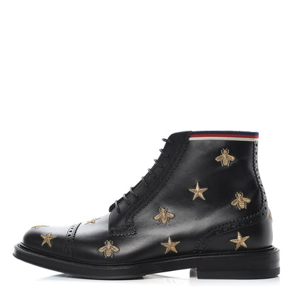 Gucci Calfskin Sylvie Web Bee Star Embroidered Mens Brogue Captoe Boots 7 Black 1 of 9