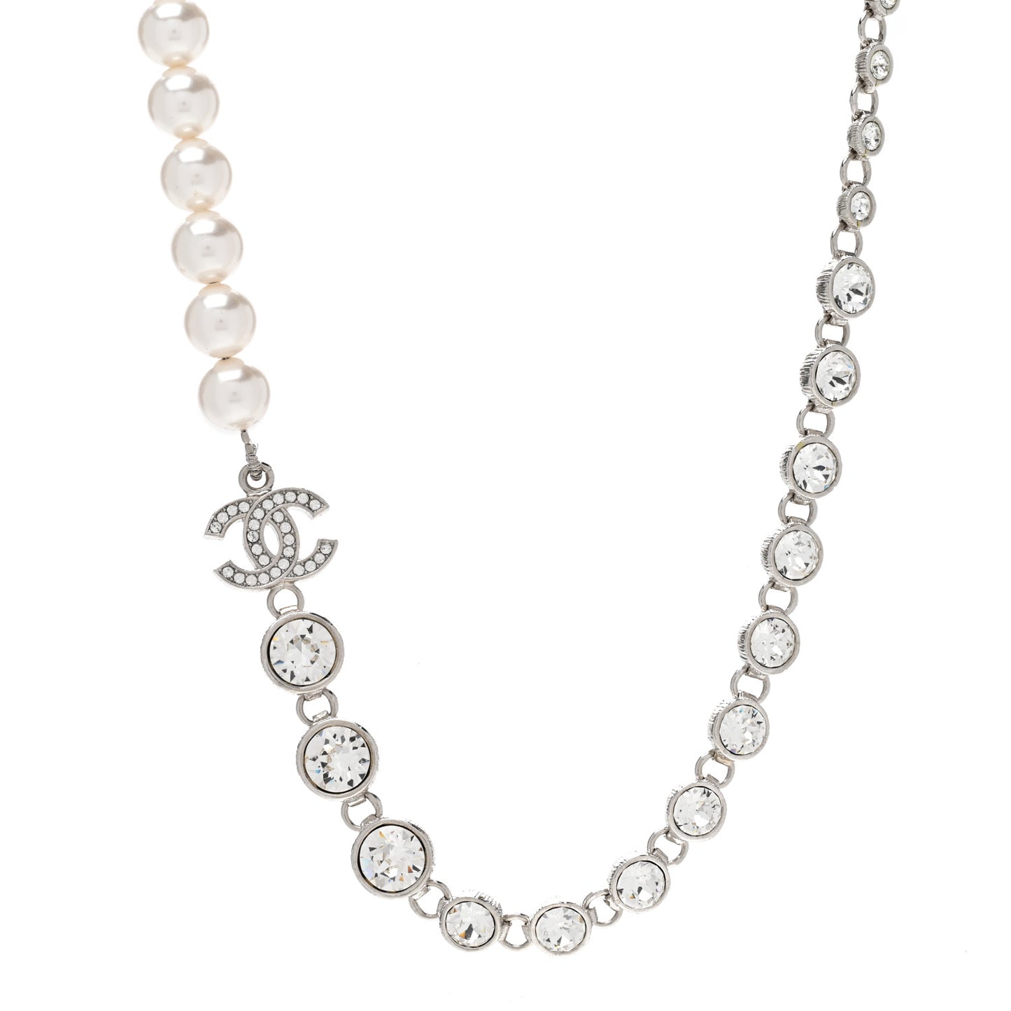 Pearl Crystal CC Choker Necklace Silver
