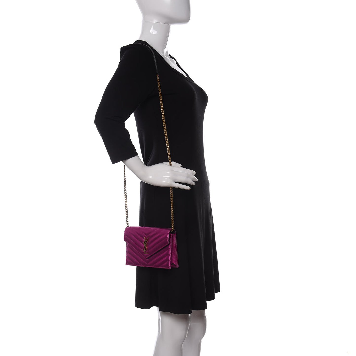 Metallic Calfskin Matelasse Chevron Monogram Envelope Chain Wallet Fuchsia