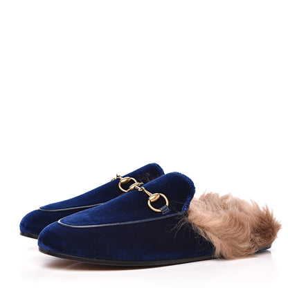 Gucci Velvet Fur Womens Princetown Slippers 35 Cobalt Blue 3 of 8