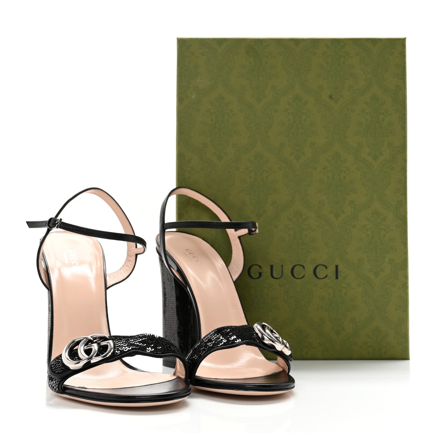 Sequin Satin Malaga Kid GG Marmont Ankle Wrap 105mm Sandals 41 Black