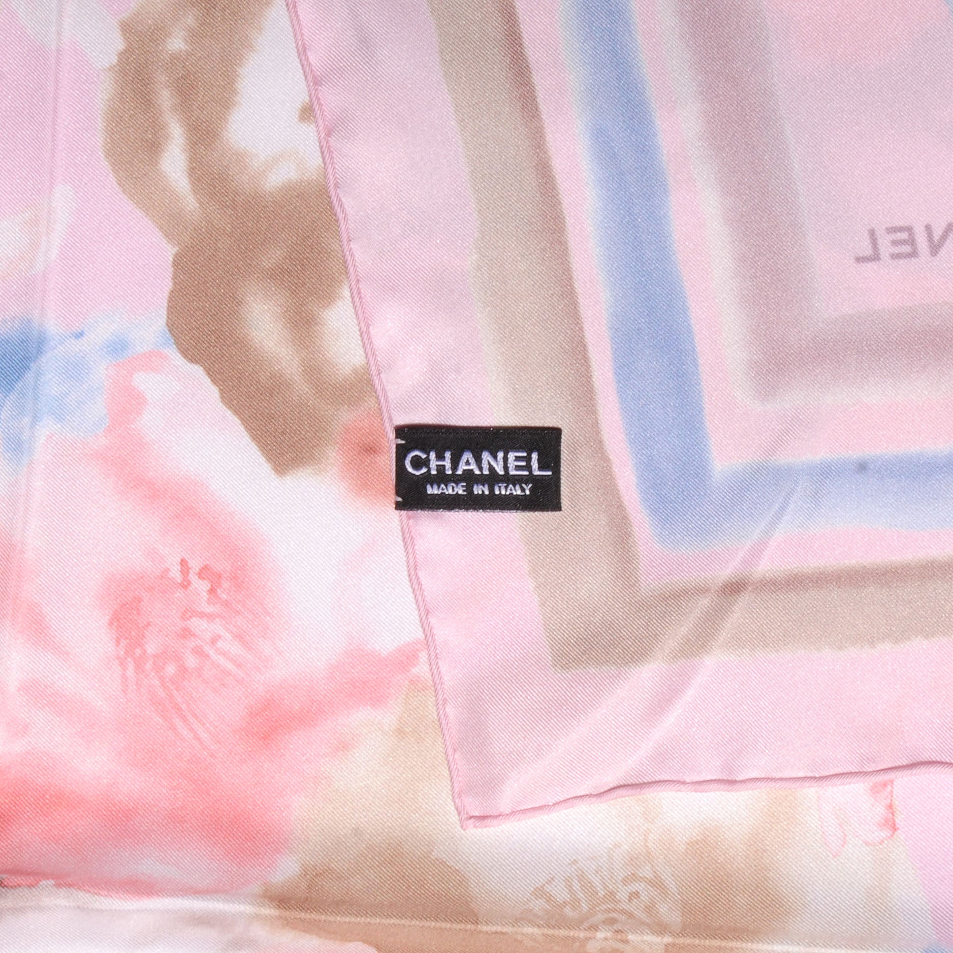 Chanel Silk CC Watercolor Camellia Flower Scarf Pink Blue 4 of 5
