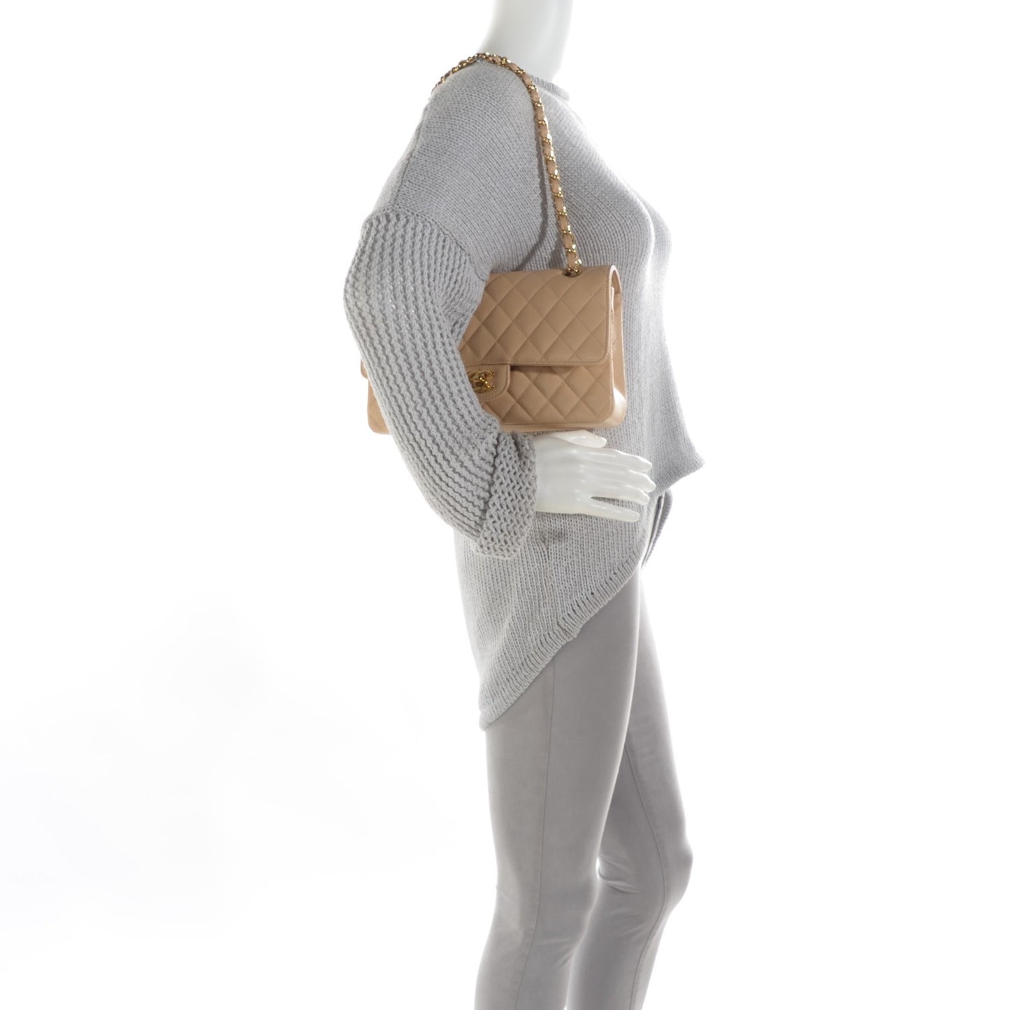 Caviar Quilted Medium Double Flap Beige Clair