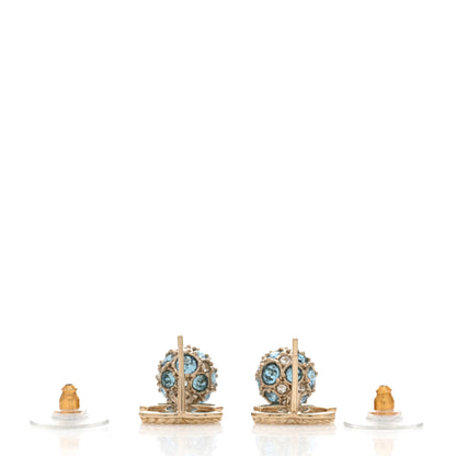 Chanel Crystal CC Ball Drop Earrings Gold Blue 3 of 4
