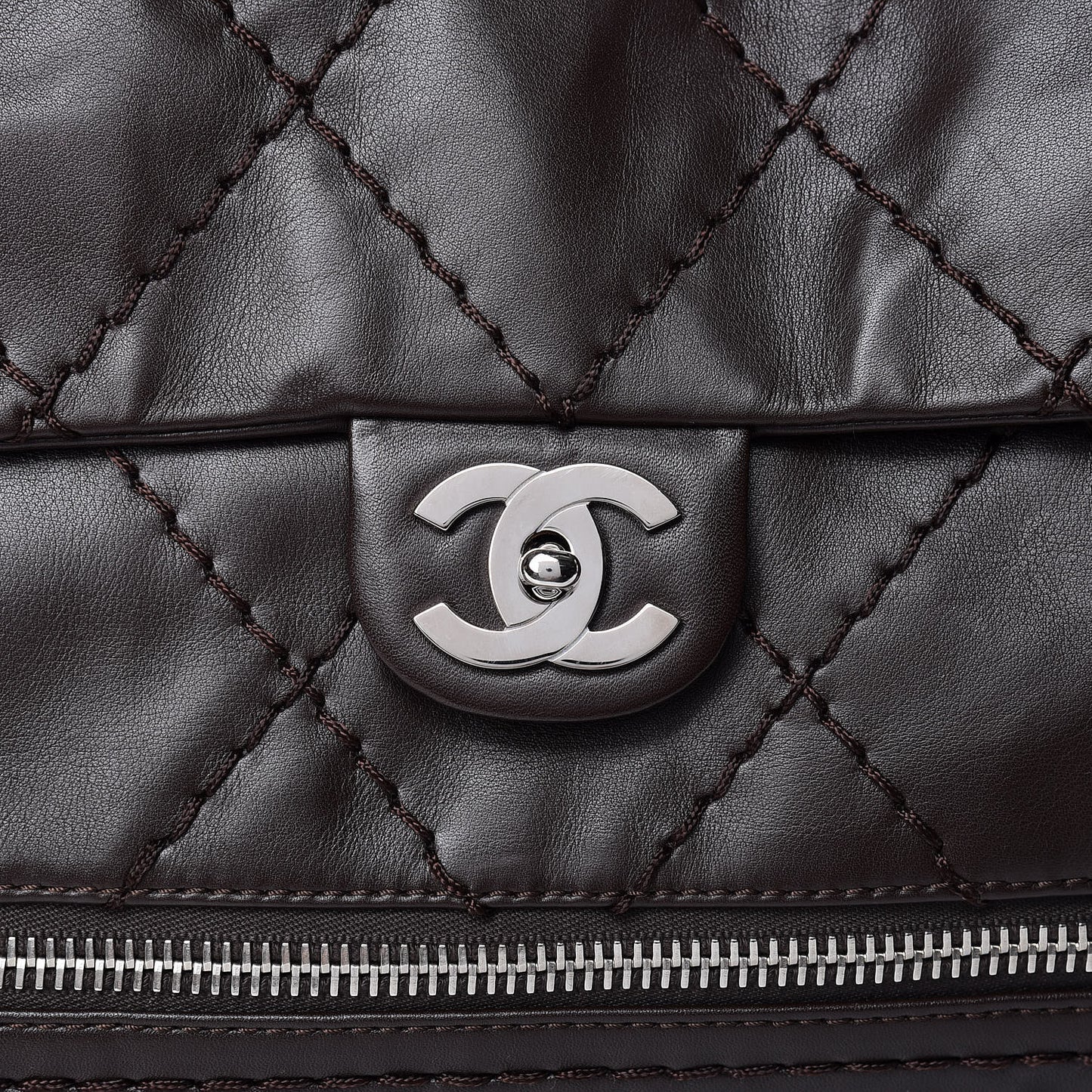 Calfskin Large Expandable Flap Bag Brown