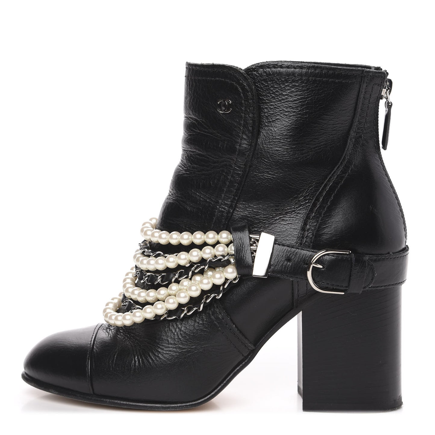 Calfskin Pearl Cap Toe Short Boots 39.5 Black