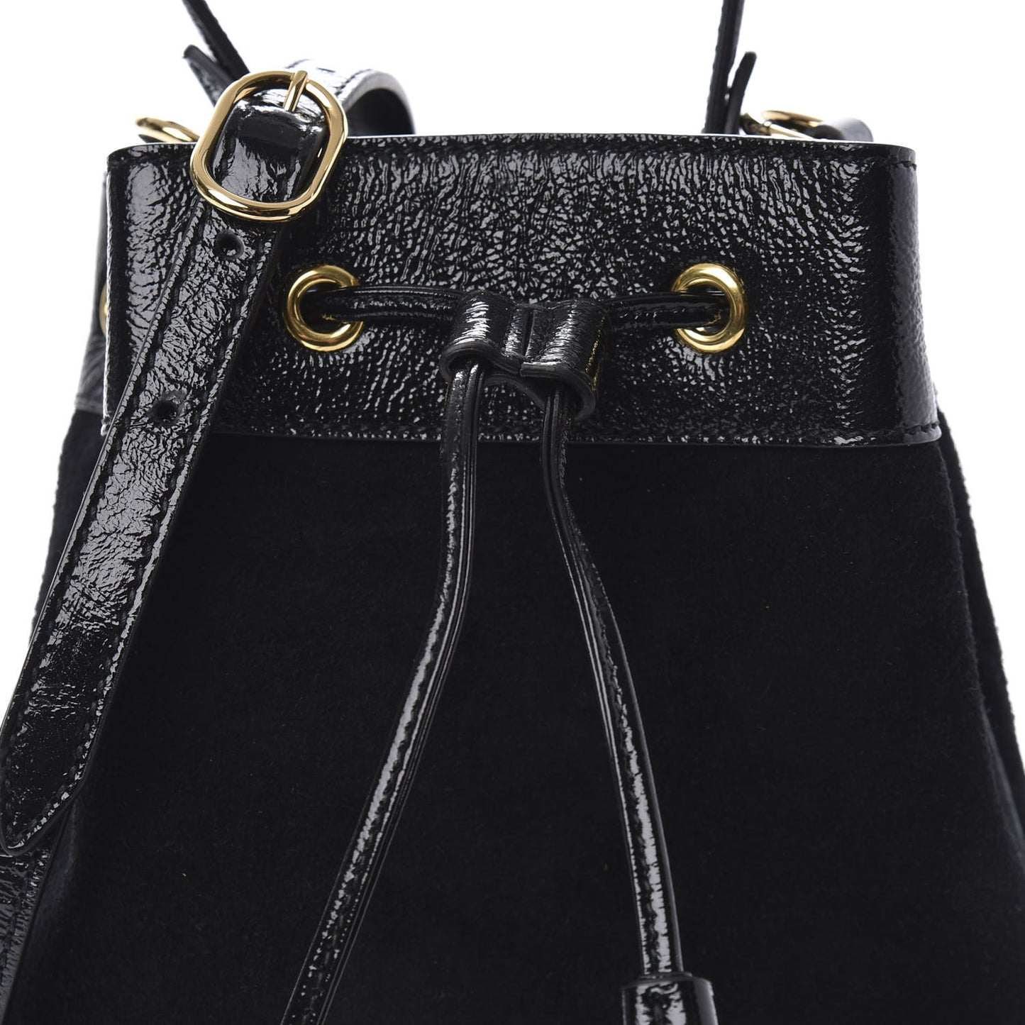 Suede Patent Web Small Ophidia Bucket Bag Black