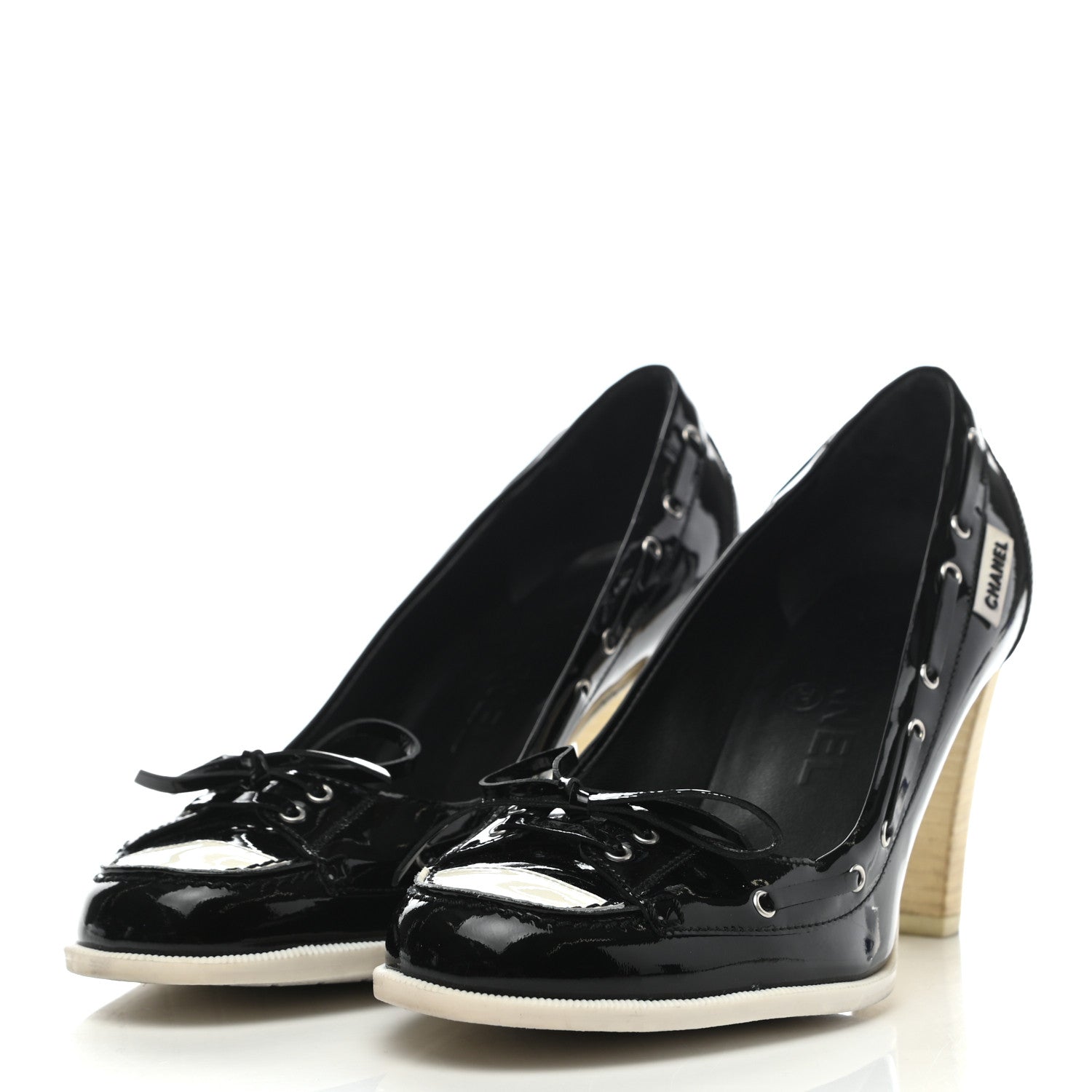 Chanel Lambskin Patent Cap Toe Boat Pumps 38 Black White 3 of 7
