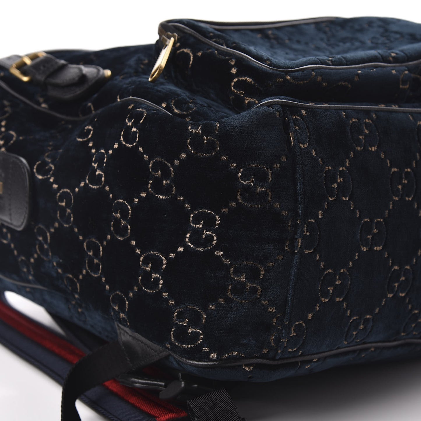 Velvet GG Monogram Textured Calfskin Web Small Double Buckle Backpack Blue Beige Black