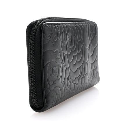 Chanel Lambskin Camellia Embossed Large Zip Around Gusset Wallet Black 3 of 8