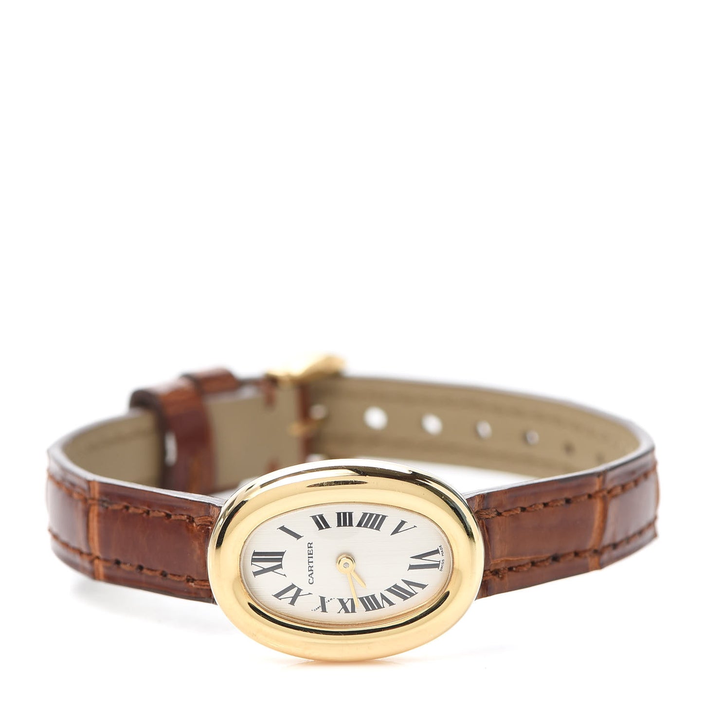 18K Yellow Gold Alligator 18mm Baignoire Quartz Watch Brown