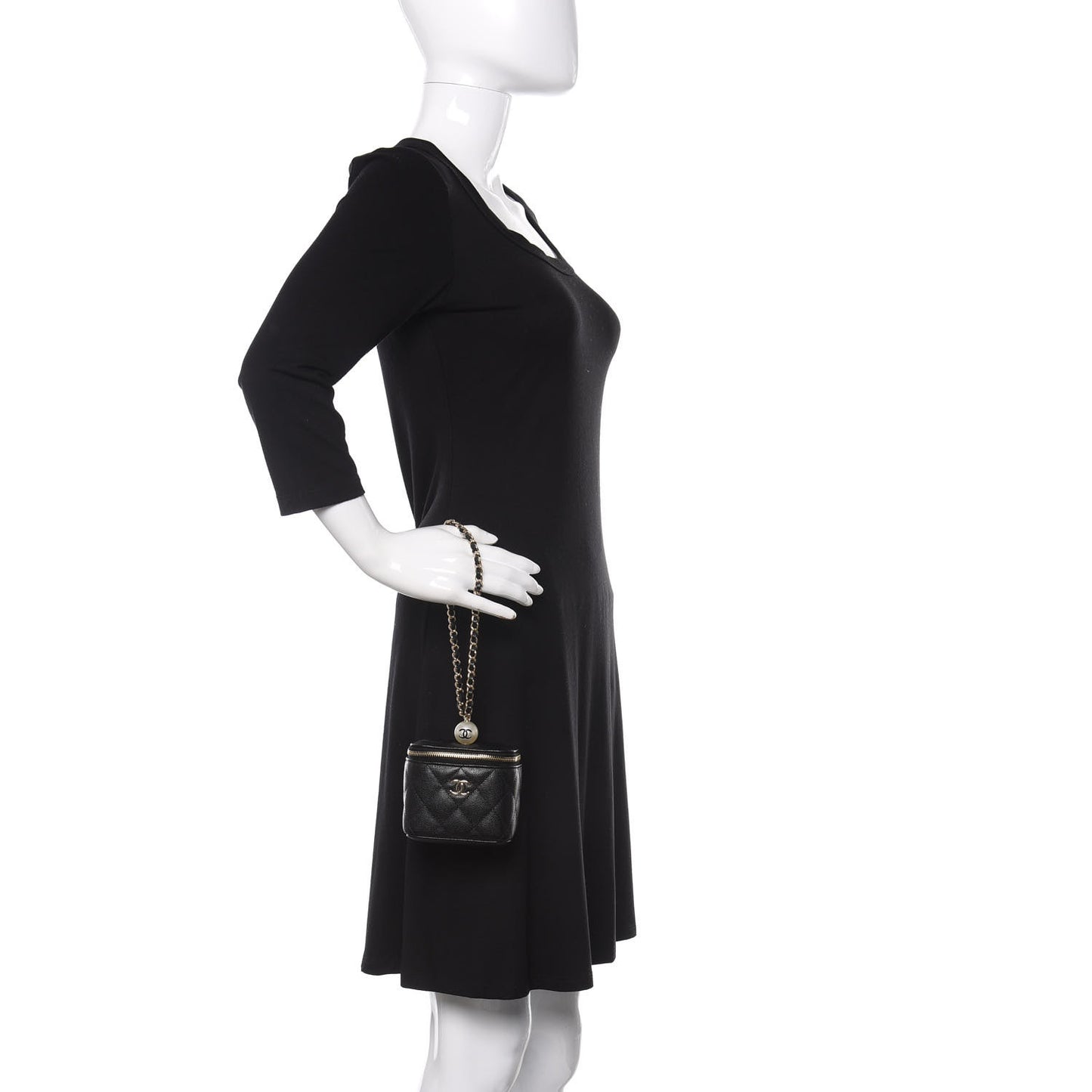 Caviar Quilted Mini Pearl On Top Vanity Case With Chain Black