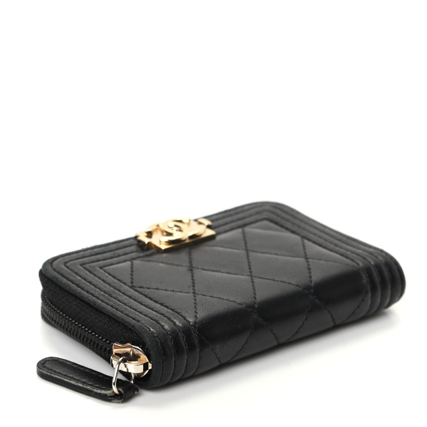 Lambskin Quilted Zip Around Boy Coin Purse Wallet Black