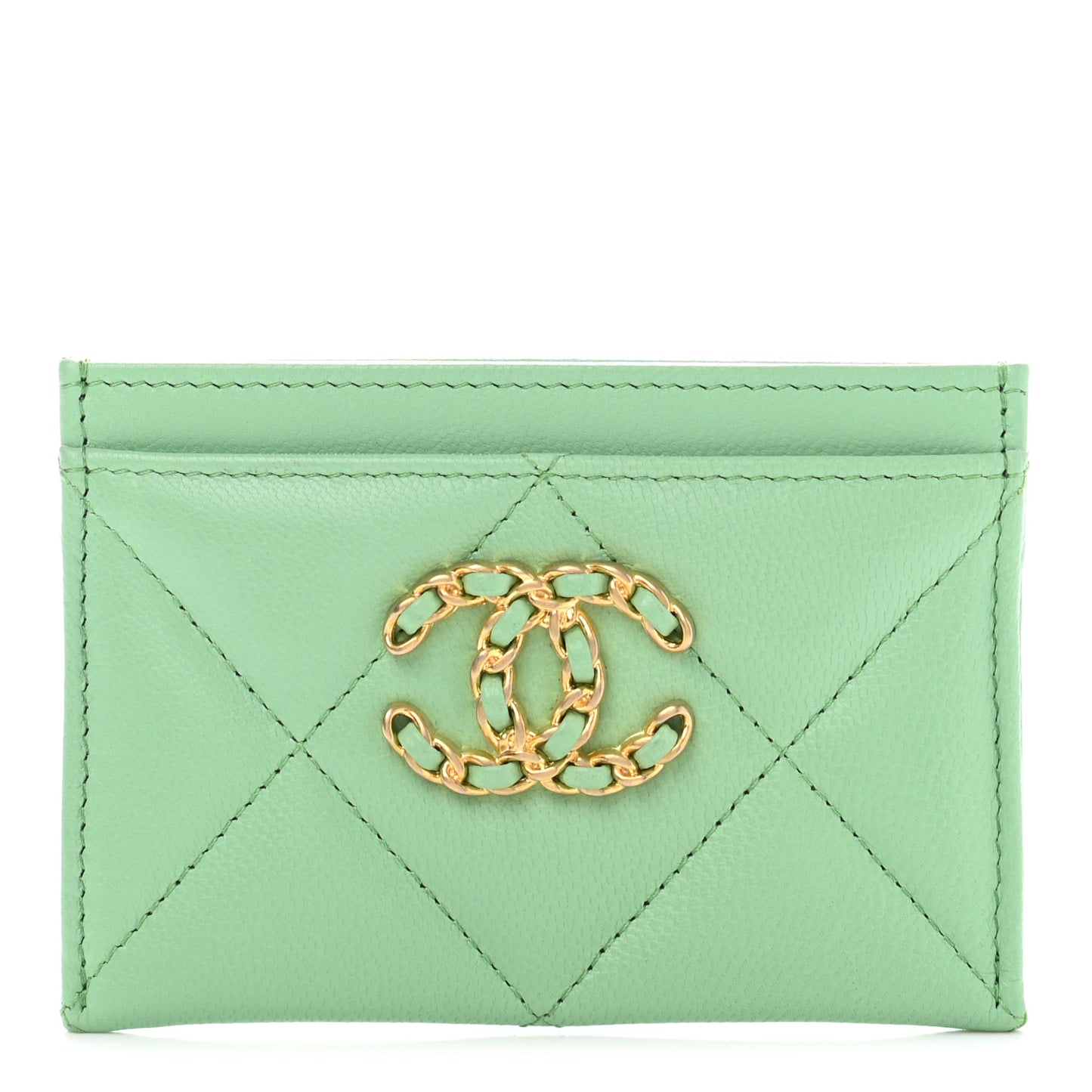 Shiny Goatskin Quilted Chanel 19 Card Holder Green