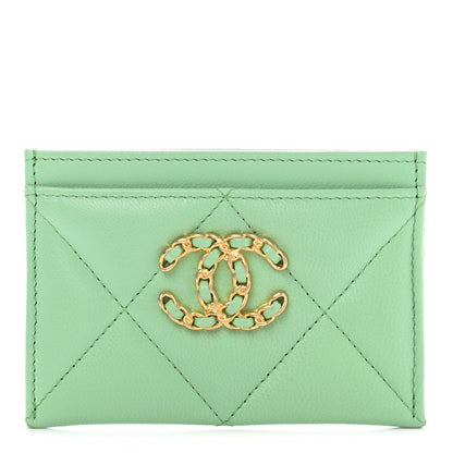 Chanel Shiny Goatskin Quilted Chanel 19 Card Holder Green 1 of 12