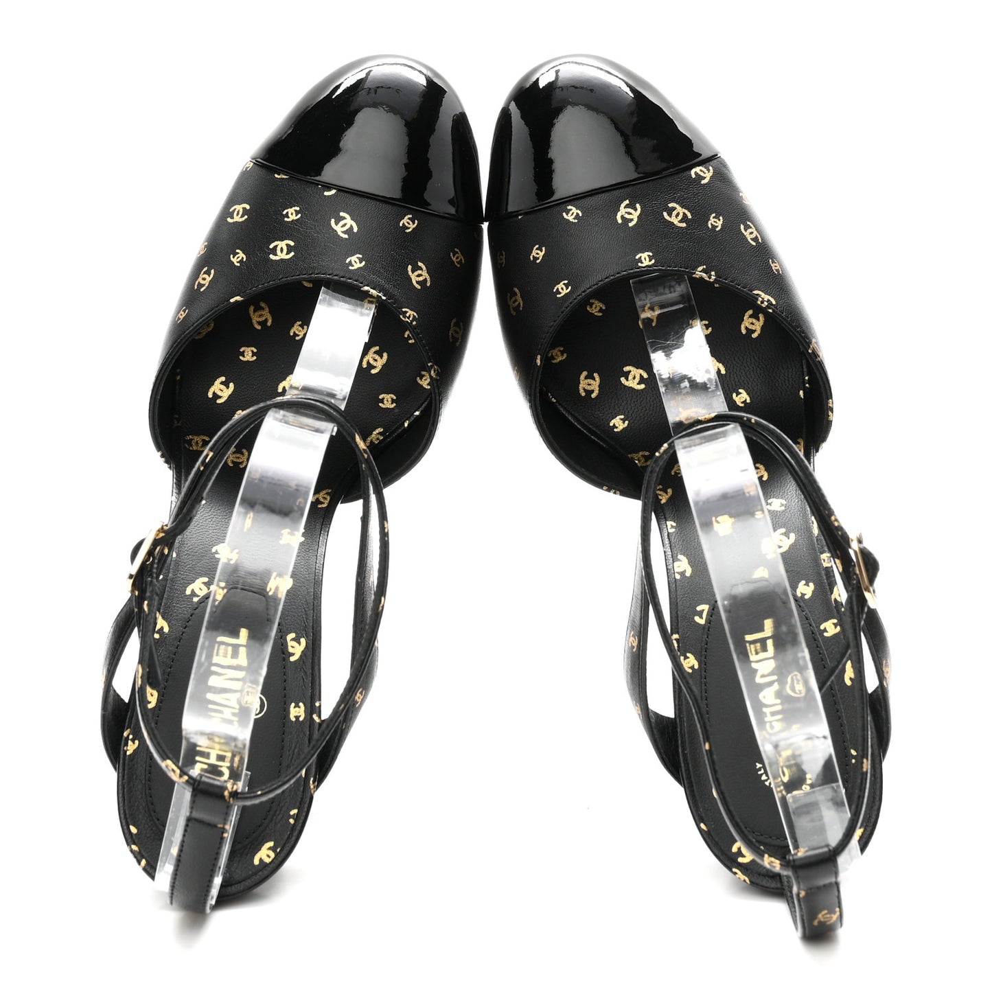 Printed Lambskin Patent Calfskin CC Platform Pumps 39.5 Black Gold