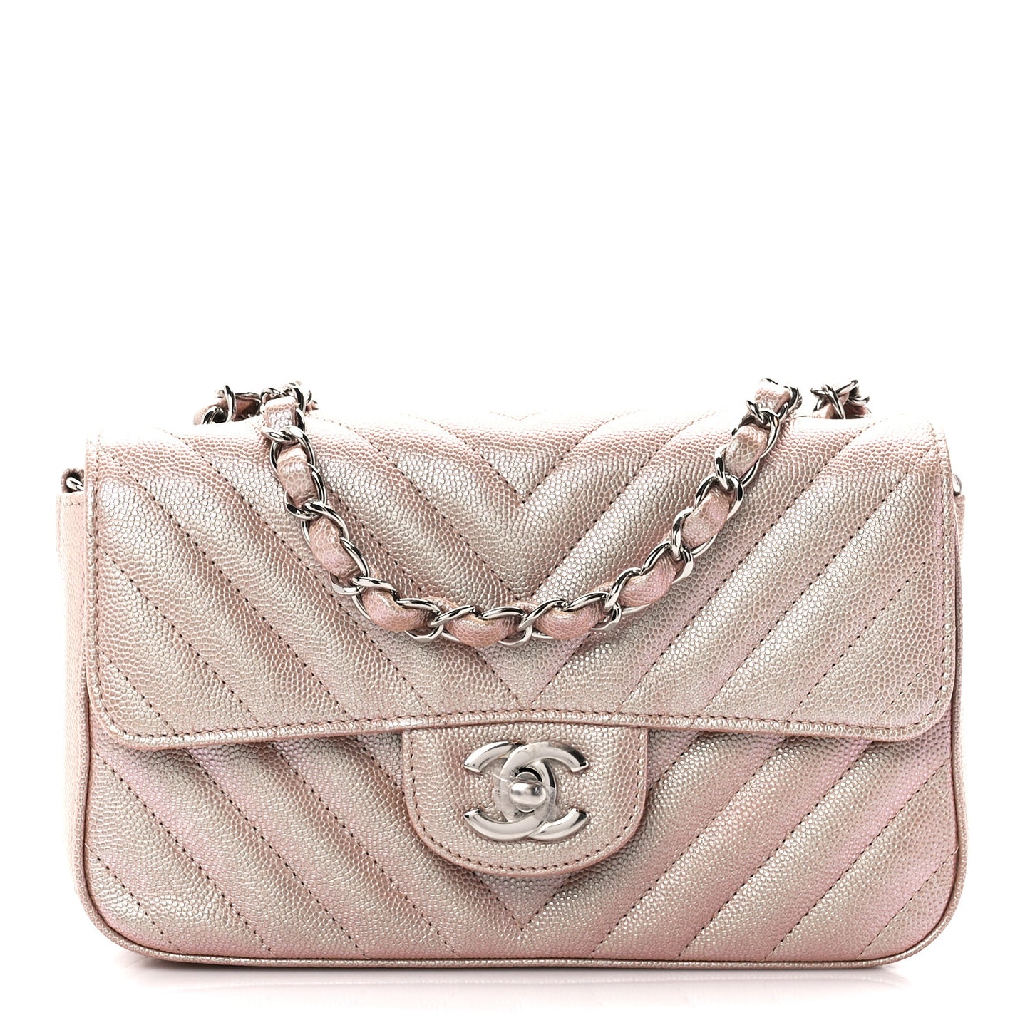 Iridescent Caviar Chevron Quilted Mini Rectangular Flap Light Gold