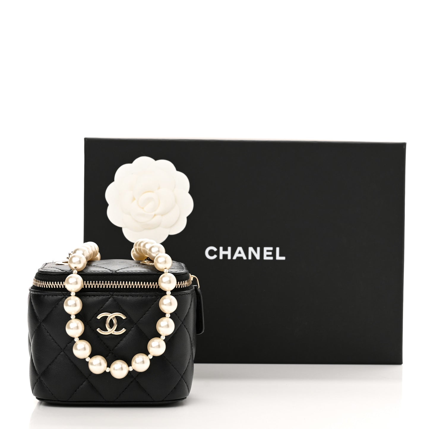Lambskin Quilted Mini Vanity Case With Pearl Chain Black