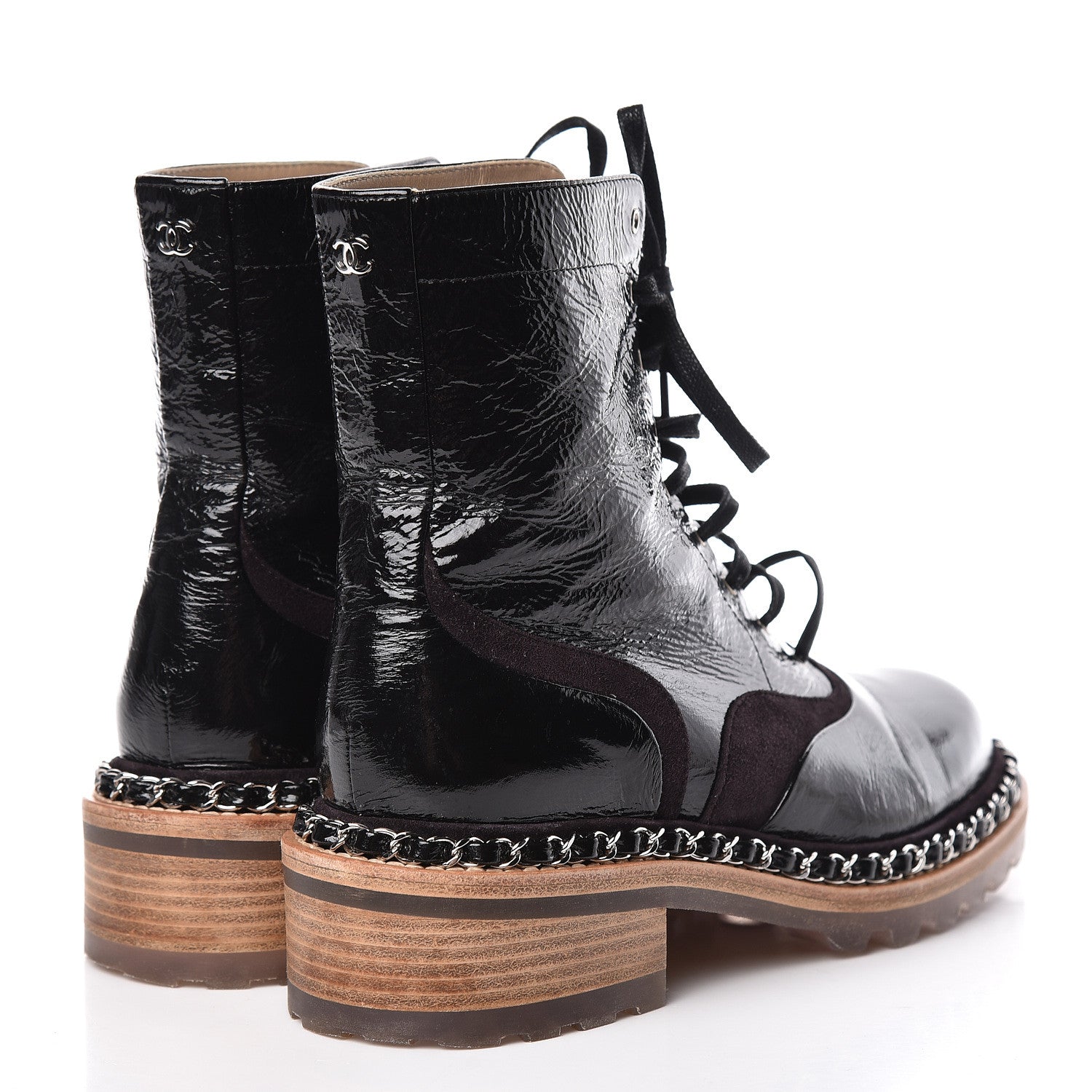 Chanel Patent Suede Calfskin Lace Up Short Boots 36 Black Dark Brown 4 of 13