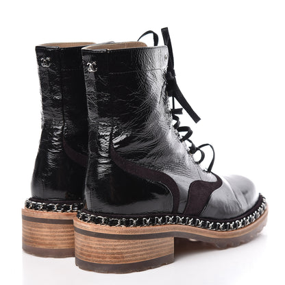 Chanel Patent Suede Calfskin Lace Up Short Boots 36 Black Dark Brown 4 of 13