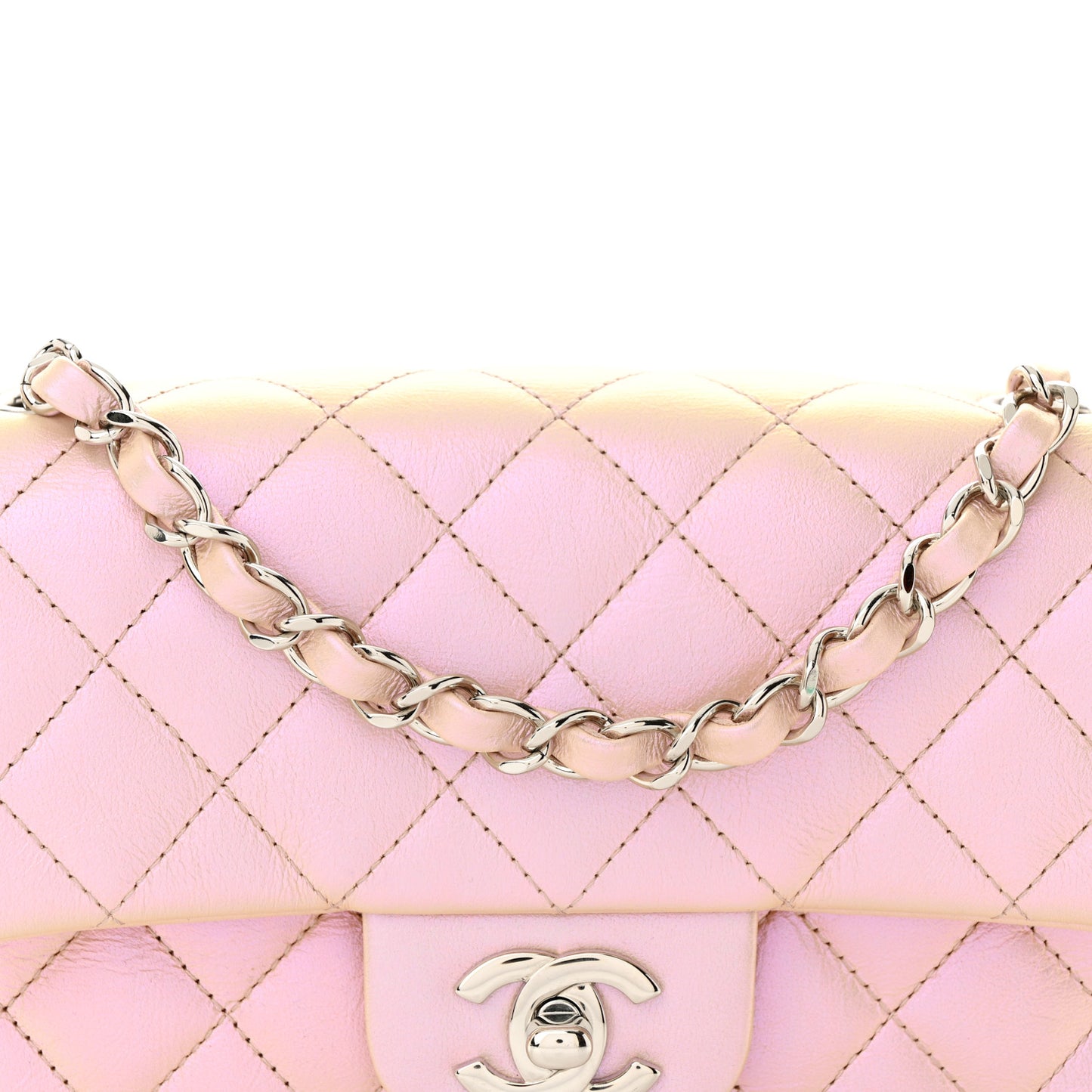 Iridescent Calfskin Quilted Mini Rectangular Flap Pink
