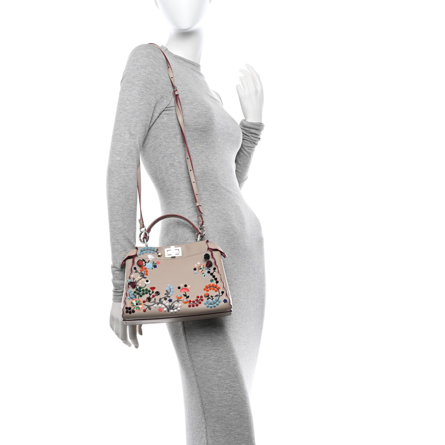 Fendi Nappa Embroidered Flower Scalloped Mini Peekaboo Iconic Satchel Grigio Polvere 2 of 20
