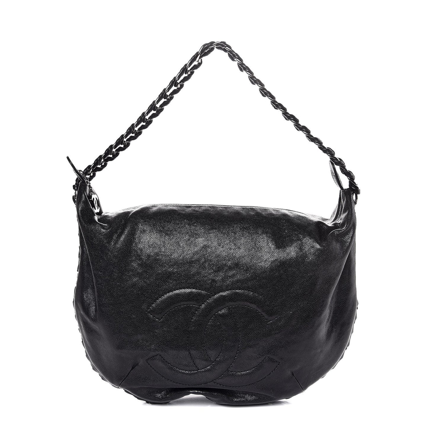 Glazed Caviar Modern Chain Hobo Black